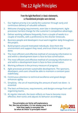 1
The 12 Agile Principles
From the Agile Manifesto’s 4 basic statements,
12 foundational principles were derived.
1. Our highest priority is to satisfy the customer through early and
continuous delivery of valuable software.
2. Welcome changing requirements, even late in development. Agile
processes harness change for the customer's competitive advantage.
3. Deliver working software frequently, from a couple of weeks to a
couple of months, with a preference to the shorter timescale.
4. Business people and developers must work together daily throughout
the project.
5. Build projects around motivated individuals. Give them the
environment and support they need, and trust them to get the job
done.
6. The most efficient and effective method of conveying information to
and within a development team is face-to-face conversation.
7. The most efficient and effective method of conveying information to
and within a development team is face-to-face conversation.
8. Working software is the primary measure of progress.
9. Agile processes promote sustainable development. The sponsors,
developers, and users should be able to maintain a constant pace
indefinitely.
10. Continuous attention to technical excellence and good design
enhances agility.
11. Simplicity - the art of maximizing the amount of work not done - is
essential.
12. The best architectures, requirements, and designs emerge from self-
organizing teams.
13. At regular intervals, the team reflects on how to become more
effective, then tunes and adjusts its behavior accordingly.
The principles are fairly self-explanatory.
Yet, like any principles, it's not always easy to see
how they apply in everyday life.
So what do these 12 principles mean?
Agile201Right out of the box
 