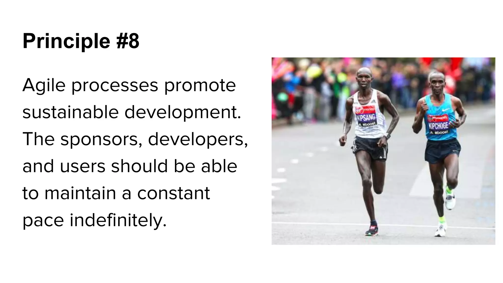 Principle #8
Agile processes promote
sustainable development.
The sponsors, developers,
and users should be able
to maintain a constant
pace indefinitely.