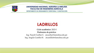 Ciclo académico: 2023-I
Profesores de práctica:
Ing. Nayeli Cuéllar C. jncuellar@lamolina.edu.pe
Ing. Angela Castillo H. atcastilloh@lamolina.edu.pe
UNIVERSIDAD NACIONAL AGRARIA LA MOLINA
FACULTAD DE INGENIERIA AGRICOLA
DEPARTAMENTO DE ORDENAMIENTO TERRITORIAL Y CONSTRUCCIÓN
 