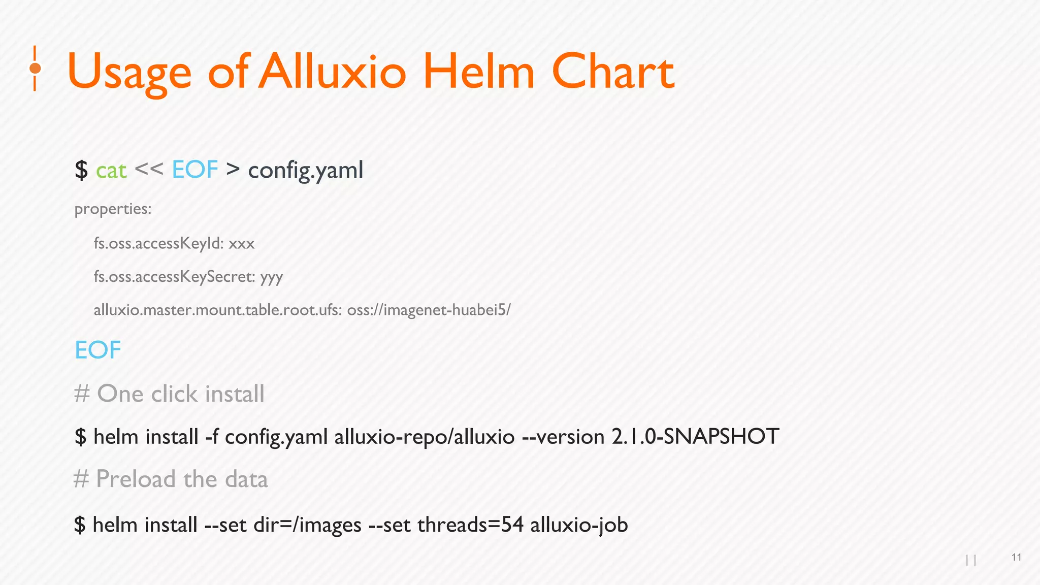 11
Usage of Alluxio Helm Chart
$ cat << EOF > config.yaml
properties:
fs.oss.accessKeyId: xxx
fs.oss.accessKeySecret: yyy
alluxio.master.mount.table.root.ufs: oss://imagenet-huabei5/
EOF
# One click install
$ helm install -f config.yaml alluxio-repo/alluxio --version 2.1.0-SNAPSHOT
# Preload the data
$ helm install --set dir=/images --set threads=54 alluxio-job
11
 
