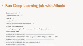 14
Run Deep Learning Job with Alluxio
$ arena submit mpi 
--name alluxio-4x8-cold 
--gpus=8 
--workers=4 
--data-dir /alluxio-fuse/images:/data/imagenet 
-e DATA_DIR=/data/imagenet 
--image=registry.cn-hangzhou.aliyuncs.com/tensorflow-samples/perseus-benchmark 
./launch-example.sh 4 8
2019-10-24T07:51:42.021611213Z ----------------------------------------------------------------
2019-10-24T07:51:42.024245962Z 1000 images/sec: 234.2 +/- 0.7 (jitter = 8.3) 5.781
2019-10-24T07:51:42.024259919Z ----------------------------------------------------------------
2019-10-24T07:51:42.024264488Z total images/sec: 7492.44
2019-10-24T07:51:42.024267687Z ----------------------------------------------------------------
14
 