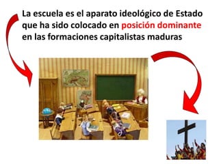 La escuela es el aparato ideológico de Estado
que ha sido colocado en posición dominante
en las formaciones capitalistas maduras
 