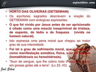 • HORTO DAS OLIVEIRAS (GETSEMANI)
• Os escritores sagrados descrevem a oração do
GETSEMANI com enérgicas expressões.
• O que foi vivido por Jesus antes de ser aprisionado
é citado como uma mescla inexprimível de tristeza,
de espanto, de tédio e de fraqueza. (vivida no
homem natural).
• Isto expressa uma pena moral que chegou ao maior
grau de sua intensidade.
• Foi tal o grau de sofrimento moral, que apresentou
como manifestação somática, física, suor de sangue
(hematihidrosis ou hemohidrosis).
• “Suor de sangue, que lhe cobriu todo o corpo e correu
em grosas gotas até a terra”. (Lc 22, 43).
 