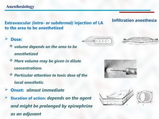 Anesthesiology
Infiltration anesthesia
 Dose:
 volume depends on the area to be
anesthetized
 More volume may be given in dilute
concentrations
 Particular attention to toxic dose of the
local anesthetic.
 Onset: almost immediate
 Duration of action: depends on the agent
and might be prolonged by epinephrine
as an adjuvant
Extravascular (intra- or subdermal) injection of LA
to the area to be anesthetized
 