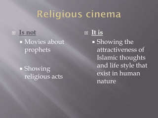  Is not
 Movies about
prophets
 Showing
religious acts
 It is
 Showing the
attractiveness of
Islamic thoughts
and life style that
exist in human
nature
 