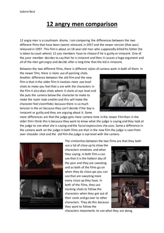 Gabriel Best
12 angry men comparison
12 angry men is a courtroom drama. I am comparing the differences between the two
different films that have been (were) released, in 1957 and the newer version (that was)
released in 1997. This filmis about an 18-year-old man who supposedly killed his father (he
is taken to court where) 12 jury members have to choose if he is guilty or innocent. One of
the juror member decides to say that he is innocent and then it causes a huge argument and
all of the men get angry and decide after a long time that the kid is innocent.
Between the two different films, there is different styles of camera work in both of them. In
the newer film, there is more use of panning shots.
Another difference between the old filmand the new
film is that in the older film it involves more eye level
shots to make you feel that u are with the characters in
the film it also does shots where it starts at eye level and
the puts the camera below the character to make to
make the room look smaller and this will make the
character feel clostrifobic because there is so much
tension in the air because they can’t decide if the boy is
innocent or guilty and they are arguing about it. Some
more differences are that the judge gets more camera time in the newer filmthan in the
older filmI think this is because they want to know what the judge is saying and they look at
the judge to see what she is saying and the facial expressions she uses. Some a difference in
the camera work on the judge in both films are that in the new film the judge is seen from
over shoulder shot and the old film the judge is eye level with the camera.
The similarities between the two films are that they both
use a lot of close up to show the
characters emotions and what
they saying. In both film u can
see that it is the hottest day of
the year and they are sweating
and as both of the films go on
when they do close ups you can
see that are sweating more
every close up they have. In
both of the films, they use
tracking shots to follow the
characters when they get out of
their seats and go over to other
characters. They do this because
they want to follow the
characters movements to see what they are doing.
 