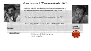 Juror number 5 (When vote stood at 10-2)
’You know something? I don’t think he could have heard it!’
Rational
PersuasionOpenness
Agreeableness
Therefore, the train had been roaring by the old man’s window, Its
not possible he could’ve heard the boy yelling ‘I will kill you’
Do you really think the boy would shout out a thing like that?!
Mr. Foreman, I’d like to change my
vote to not guilty.
 