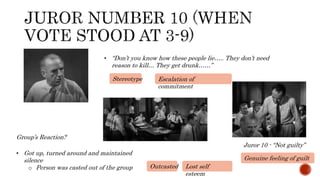 • “Don’t you know how these people lie….. They don’t need
reason to kill… They get drunk……”
• Got up, turned around and maintained
silence
o Person was casted out of the group
Stereotype
Group’s Reaction?
Juror 10 - “Not guilty”
Genuine feeling of guilt
Outcasted
Escalation of
commitment
Lost self
esteem
 