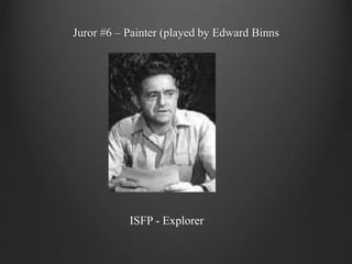 Juror #6 – Painter (played by Edward Binns
ISFP - Explorer
 