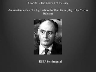 Juror #1 - The Forman of the Jury
An assistant coach of a high school football team (played by Martin
Balsam)
ESFJ Sentimental
 