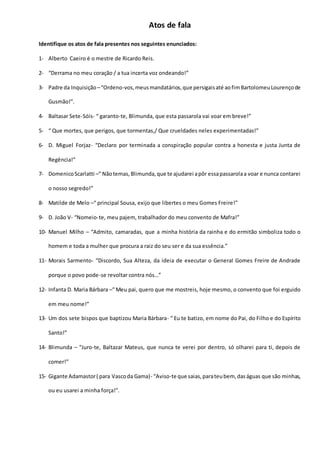 Atos de fala
Identifique os atos de fala presentes nos seguintes enunciados:
1- Alberto Caeiro é o mestre de Ricardo Reis.
2- “Derrama no meu coração / a tua incerta voz ondeando!”
3- Padre da Inquisição –“Ordeno-vos,meusmandatários,que persigaisaté aofimBartolomeuLourençode
Gusmão!”.
4- Baltasar Sete-Sóis- “ garanto-te, Blimunda, que esta passarola vai voar em breve!”
5- “ Que mortes, que perigos, que tormentas,/ Que crueldades neles experimentadas!”
6- D. Miguel Forjaz- “Declaro por terminada a conspiração popular contra a honesta e justa Junta de
Regência!”
7- DomenicoScarlatti –“ Nãotemas,Blimunda,que te ajudarei apôr essapassarolaa voar e nunca contarei
o nosso segredo!”
8- Matilde de Melo –“ principal Sousa, exijo que libertes o meu Gomes Freire!”
9- D. João V- “Nomeio-te, meu pajem, trabalhador do meu convento de Mafra!”
10- Manuel Milho – “Admito, camaradas, que a minha história da rainha e do ermitão simboliza todo o
homem e toda a mulher que procura a raiz do seu ser e da sua essência.”
11- Morais Sarmento- “Discordo, Sua Alteza, da ideia de executar o General Gomes Freire de Andrade
porque o povo pode-se revoltar contra nós…”
12- Infanta D. Maria Bárbara –“ Meu pai, quero que me mostreis, hoje mesmo, o convento que foi erguido
em meu nome!”
13- Um dos sete bispos que baptizou Maria Bárbara- “ Eu te batizo, em nome do Pai, do Filho e do Espírito
Santo!”
14- Blimunda – “Juro-te, Baltazar Mateus, que nunca te verei por dentro, só olharei para ti, depois de
comer!”
15- Gigante Adamastor( para Vascoda Gama)- “Aviso-te que saias,parateubem, daságuas que são minhas,
ou eu usarei a minha força!”.
 