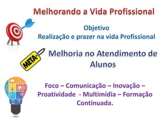 Foco – Comunicação – Inovação –
Proatividade - Multimídia – Formação
Continuada.
 