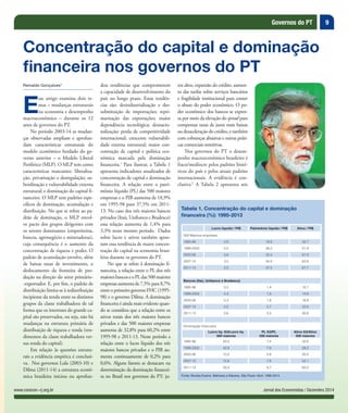9
Jornal dos Economistas / Dezembro 2014www.corecon-rj.org.br
Governos do PT
Reinaldo Gonçalves*
E
sse artigo examina dois te-
mas – mudanças estruturais
na economia e desempenho
macroeconômico – durante os 12
anos de governos do PT.
No período 2003-14 as mudan-
ças observadas ampliam e aprofun-
dam características estruturais do
modelo econômico herdado do go-
verno anterior – o Modelo Liberal
Periférico (MLP). O MLP tem como
características marcantes: liberaliza-
ção, privatização e desregulação; su-
bordinação e vulnerabilidade externa
estrutural; e dominação do capital fi-
nanceiro. O MLP tem padrões espe-
cíficos de dominação, acumulação e
distribuição. No que se refere ao pa-
drão de dominação, o MLP envol-
ve pacto dos grupos dirigentes com
os setores dominantes (empreiteiras,
bancos, agronegócio e mineradoras),
cuja consequência é o aumento da
concentração de riqueza e poder. O
padrão de acumulação envolve, além
de baixas taxas de investimento, o
deslocamento da fronteira de pro-
dução na direção do setor primário-
-exportador. E, por fim, o padrão de
distribuição limita-se à redistribuição
incipiente da renda entre os distintos
grupos da classe trabalhadora de tal
forma que os interesses do grande ca-
pital são preservados, ou seja, não há
mudanças na estrutura primária de
distribuição de riqueza e renda (ren-
dimentos da classe trabalhadora ver-
sus renda do capital).
Em relação às questões estrutu-
rais a evidência empírica é conclusi-
va. Nos governos Lula (2003-10) e
Dilma (2011-14) a estrutura econô-
mica brasileira iniciou ou aprofun-
Concentração do capital e dominação
financeira nos governos do PT
dou tendências que comprometem
a capacidade de desenvolvimento do
país no longo prazo. Estas tendên-
cias são: desindustrialização e des-
substituição de importações; repri-
marização das exportações; maior
dependência tecnológica; desnacio-
nalização; perda de competitividade
internacional; crescente vulnerabili-
dade externa estrutural; maior con-
centração de capital e política eco-
nômica marcada pela dominação
financeira.1
Para ilustrar, a Tabela 1
apresenta indicadores atualizados de
concentração de capital e dominação
financeira. A relação entre o patri-
mônio líquido (PL) das 500 maiores
empresas e o PIB aumenta de 18,9%
em 1995-98 para 37,5% em 2011-
13. No caso dos três maiores bancos
privados (Itaú, Unibanco e Bradesco)
essa relação aumenta de 1,4% para
3,3% nesse mesmo período. Dados
sobre lucro e ativos também apon-
tam essa tendência de maior concen-
tração do capital na economia brasi-
leira durante os governos do PT.
No que se refere à dominação fi-
nanceira, a relação entre o PL dos três
maioresbancoseoPLdas500maiores
empresas aumenta de 7,5% para 8,7%
entre o primeiro governo FHC (1995-
98) e o governo Dilma. A dominação
financeira é ainda mais evidente quan-
do se considera que a relação entre os
ativos totais dos três maiores bancos
privados e das 500 maiores empresas
aumenta de 32,8% para 60,2% entre
1995-98 e 2011-13. Nesse período a
relação entre o lucro líquido dos três
maiores bancos privados e o PIB au-
menta continuamente de 0,2% para
0,6%. Alguns fatores se destacam na
determinação da dominação financei-
ra no Brasil nos governos do PT: ju-
ros altos, expansão do crédito, aumen-
to das tarifas sobre serviços bancários
e fragilidade institucional para conter
o abuso do poder econômico. O po-
der econômico dos bancos se expres-
sa por meio da elevação do spread para
compensar taxas de juros mais baixas
ou desaceleração do crédito, e também
com cobranças abusivas e outras práti-
cas comerciais restritivas.
Nos governos do PT o desem-
penho macroeconômico brasileiro é
fraco/medíocre pelos padrões histó-
ricos do país e pelos atuais padrões
internacionais. A evidência é con-
clusiva.2
A Tabela 2 apresenta seis
Tabela 1. Concentração do capital e dominação
financeira (%): 1995-2013
Lucro líquido / PIB Patrimônio líquido / PIB Ativo / PIB
500 Maiores empresas
1995-98 0,9 18,9 32,7
1999-2002 0,5 26,2 51,9
2003-06 3,8 32,4 61,9
2007-10 3,5 34,6 62,9
2011-13 2,2 37,5 67,7
Bancos (Itaú, Unibanco e Bradesco)
1995-98 0,2 1,4 10,7
1999-2002 0,4 1,9 14,9
2003-06 0,4 1,8 18,8
2007-10 0,5 2,7 32,8
2011-13 0,6 3,3 40,8
Dominação ﬁnanceira
Lucro líq. G3/Lucro líq.
500 maiores
PL G3/PL
500 maiores
Ativo G3/Ativo
500 maiores
1995-98 22,5 7,5 32,8
1999-2002 42,8 7,8 29,2
2003-06 10,5 5,6 30,4
2007-10 15,6 7,8 52,1
2011-13 29,4 8,7 60,2
Fonte: Revista Exame. Melhores e Maiores. São Paulo: Abril, 1996-2014.
 