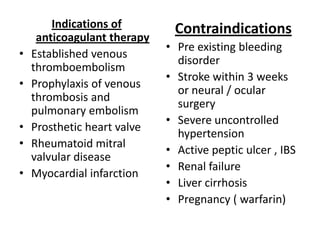 •

•
•
•
•

Indications of
anticoagulant therapy
Established venous
thromboembolism
Prophylaxis of venous
thrombosis and
pulmonary embolism
Prosthetic heart valve
Rheumatoid mitral
valvular disease
Myocardial infarction

Contraindications
• Pre existing bleeding
disorder
• Stroke within 3 weeks
or neural / ocular
surgery
• Severe uncontrolled
hypertension
• Active peptic ulcer , IBS
• Renal failure
• Liver cirrhosis
• Pregnancy ( warfarin)

 