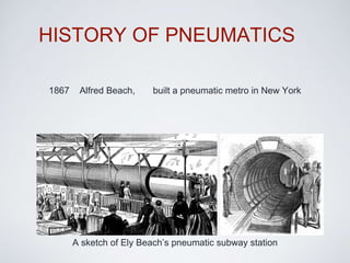 HISTORY OF PNEUMATICS
A sketch of Ely Beach’s pneumatic subway station
1867 Alfred Beach, built a pneumatic metro in New York
 