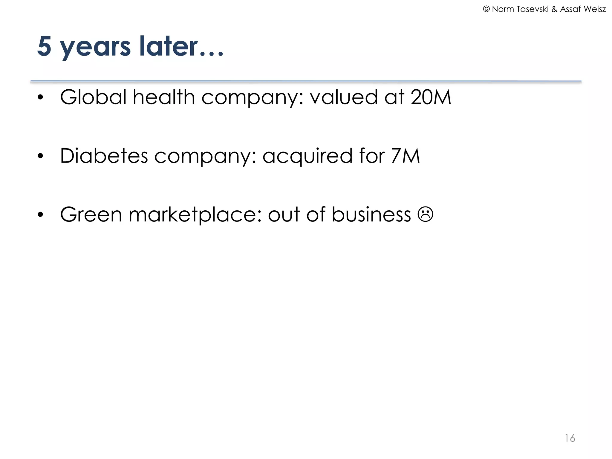 © Norm Tasevski & Assaf Weisz

5 years later…
• Global health company: valued at 20M

• Diabetes company: acquired for 7M
• Green marketplace: out of business 

16

 