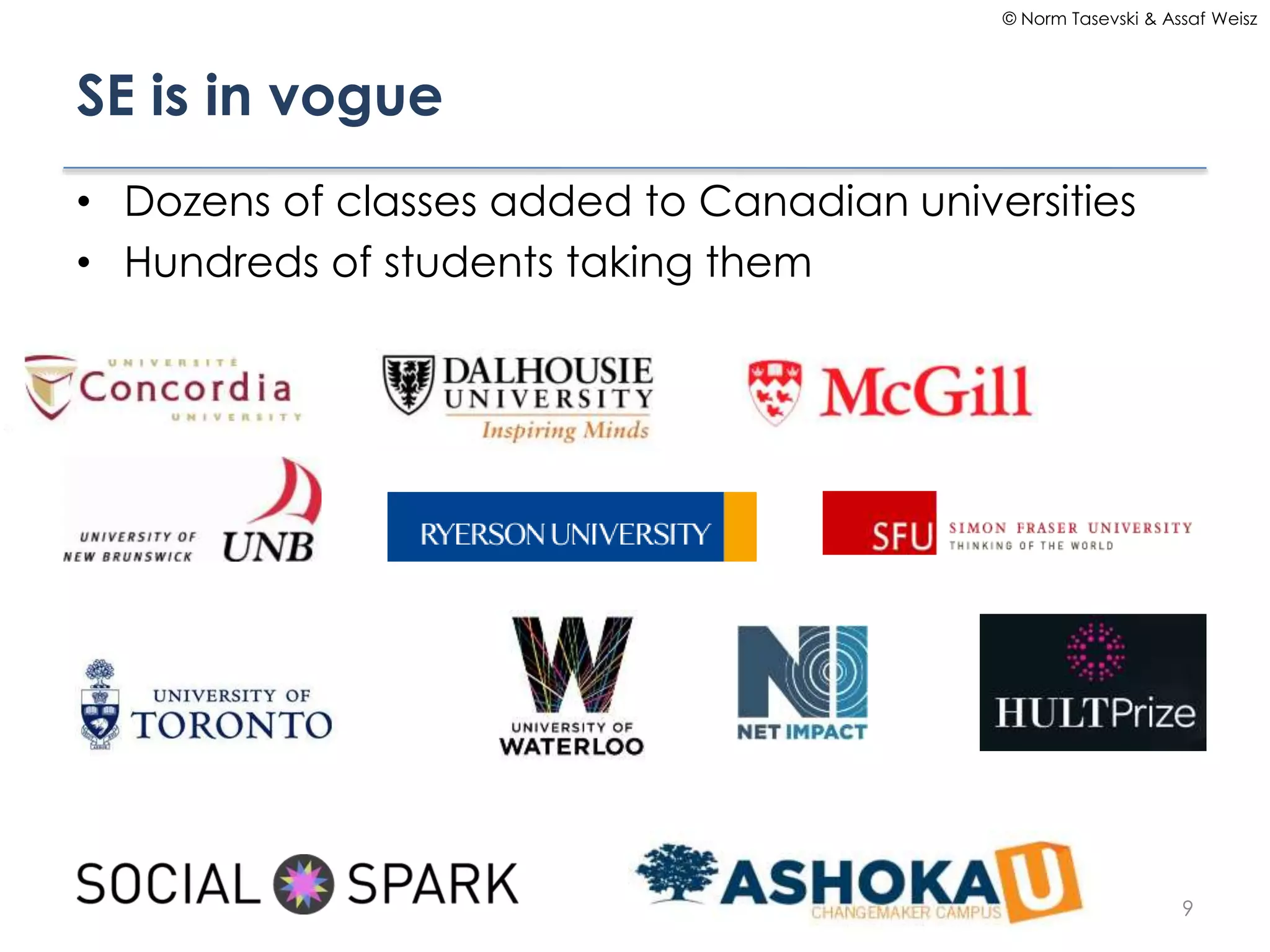 © Norm Tasevski & Assaf Weisz

SE is in vogue
• Dozens of classes added to Canadian universities
• Hundreds of students taking them

9

 