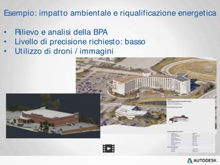 Esempio: impat to ambient ale e riqualif icazione energet ica 
• Rilievo e analisi della BPA 
• Livello di precisione richiesto: basso 
• Utilizzo di droni / immagini 
 
