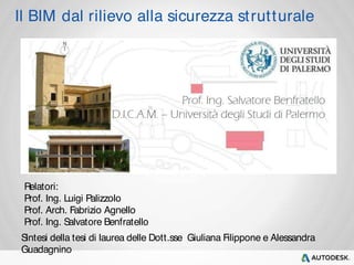 Il BIM dal rilievo alla sicurezza st rut turale 
Relatori: 
Prof. Ing. Luigi Palizzolo 
Prof. Arch. Fabrizio Agnello 
Prof. Ing. Salvatore Benfratello 
Sintesi della tesi di laurea delle Dott.sse Giuliana Filippone e Alessandra 
Guadagnino 
 