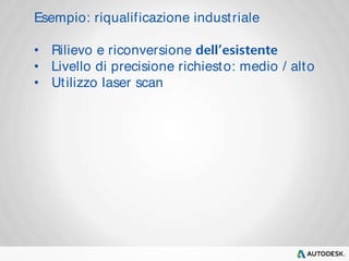 Esempio: riqualif icazione indust riale 
• Rilievo e riconversione 
• Livello di precisione richiesto: medio / alto 
• Utilizzo laser scan 
 