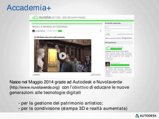Accademia+ 
Nasce nel Maggio 2014 grazie ad Autodesk e Nuvolaverde 
(http://www.nuvolaverde.org) con di educare le nuove 
generazioni alle tecnologie digitali 
- per la gest ione del pat rimonio art ist ico; 
- per la condivisione (stampa 3D e realtà aumentata) 
 