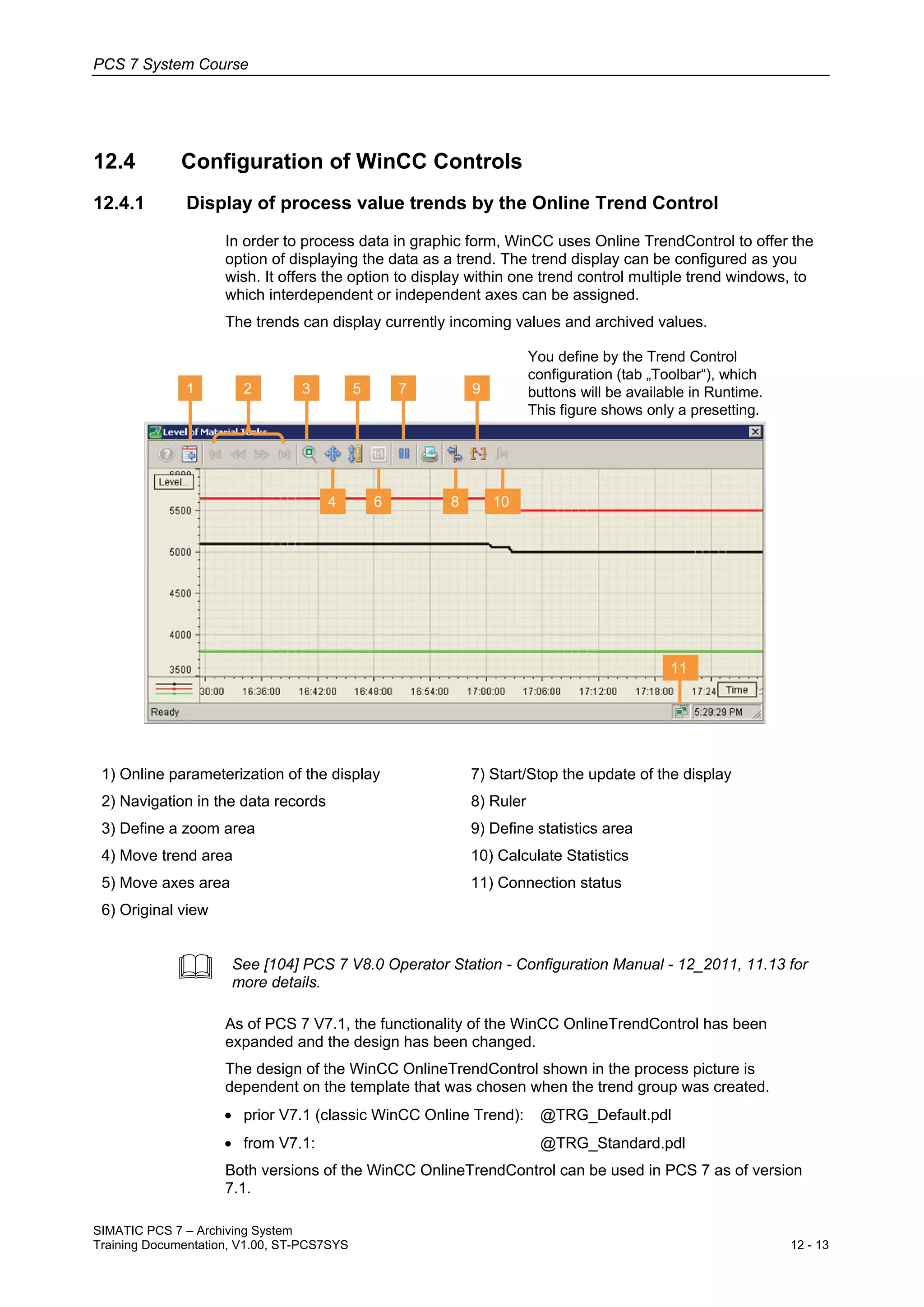 PCS 7 System Course
SIMATIC PCS 7 – Archiving System
Training Documentation, V1.00, ST-PCS7SYS 12 - 13
12.4 Configuration of WinCC Controls
12.4.1 Display of process value trends by the Online Trend Control
In order to process data in graphic form, WinCC uses Online TrendControl to offer the
option of displaying the data as a trend. The trend display can be configured as you
wish. It offers the option to display within one trend control multiple trend windows, to
which interdependent or independent axes can be assigned.
The trends can display currently incoming values and archived values.
1 32
4
5 7
6 8
9
11
10
You define by the Trend Control
configuration (tab „Toolbar“), which
buttons will be available in Runtime.
This figure shows only a presetting.
1) Online parameterization of the display 7) Start/Stop the update of the display
2) Navigation in the data records 8) Ruler
3) Define a zoom area 9) Define statistics area
4) Move trend area 10) Calculate Statistics
5) Move axes area 11) Connection status
6) Original view
 See [104] PCS 7 V8.0 Operator Station - Configuration Manual - 12_2011, 11.13 for
more details.
As of PCS 7 V7.1, the functionality of the WinCC OnlineTrendControl has been
expanded and the design has been changed.
The design of the WinCC OnlineTrendControl shown in the process picture is
dependent on the template that was chosen when the trend group was created.
• prior V7.1 (classic WinCC Online Trend): @TRG_Default.pdl
• from V7.1: @TRG_Standard.pdl
Both versions of the WinCC OnlineTrendControl can be used in PCS 7 as of version
7.1.
 