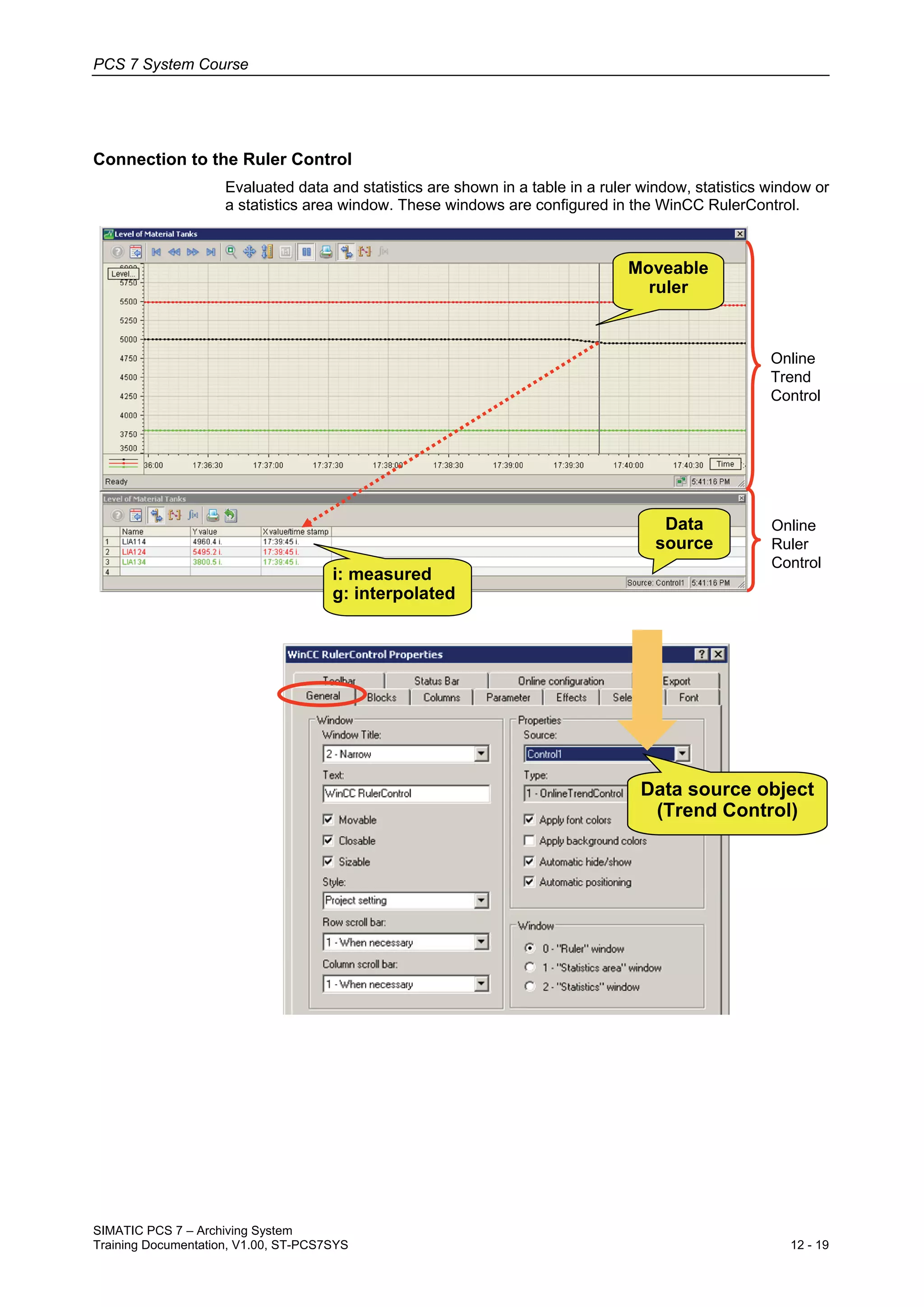 PCS 7 System Course
SIMATIC PCS 7 – Archiving System
Training Documentation, V1.00, ST-PCS7SYS 12 - 19
Connection to the Ruler Control
Evaluated data and statistics are shown in a table in a ruler window, statistics window or
a statistics area window. These windows are configured in the WinCC RulerControl.
Moveable
ruler
Online
Trend
Control
Online
Ruler
Control
i: measured
g: interpolated
Data
source
Data source object
(Trend Control)
 