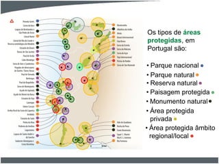Os tipos de áreas
protegidas, em
Portugal são:
• Parque nacional
• Parque natural
• Reserva natural
• Paisagem protegida
• Monumento natural
• Área protegida
privada
• Área protegida âmbito
regional/local
 