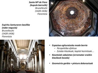 Santa Mª de Fiore
                            (kupula barrutik)
                                 Brunelleschi
                                 (1420-1436)
                                   Florentzia



Espiritu Santuraren basilika
(nabe nagusia)
Brunelleschi
(1420-1436)
Florentzia


                                                • Espazioa egituratzeko modo berria
                                                    – Perspektiba efektua
                                                    – Zutabe klasikoak, kapitel korintioak….
                                                • Kasetoiak sabaietan (erromatar eraikin
                                                  klasikoek bezala)

                                                • Geometria garbia + pintura dekorazioak
 