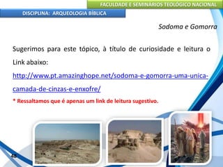 FACULDADE E SEMINÁRIOS TEOLÓGICO NACIONAL
DISCIPLINA: ARQUEOLOGIA BÍBLICA
Sugerimos para este tópico, à título de curiosidade e leitura o
Link abaixo:
http://www.pt.amazinghope.net/sodoma-e-gomorra-uma-unica-
camada-de-cinzas-e-enxofre/
* Ressaltamos que é apenas um link de leitura sugestivo.
48
Sodoma e Gomorra
 
