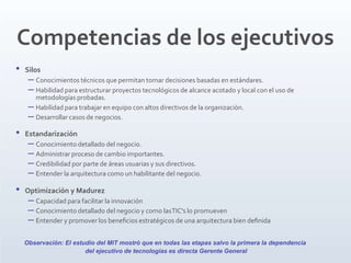 Competencias de los ejecutivos
• Silos
– Conocimientos técnicos que permitan tomar decisiones basadas en estándares.
– Habilidad para estructurar proyectos tecnológicos de alcance acotado y local con el uso de
metodologías probadas.
– Habilidad para trabajar en equipo con altos directivos de la organización.
– Desarrollar casos de negocios.
• Estandarización
– Conocimiento detallado del negocio.
– Administrar proceso de cambio importantes.
– Credibilidad por parte de áreas usuarias y sus directivos.
– Entender la arquitectura como un habilitante del negocio.
• Optimización y Madurez
– Capacidad para facilitar la innovación
– Conocimiento detallado del negocio y como lasTIC's lo promueven
– Entender y promover los beneﬁcios estratégicos de una arquitectura bien deﬁnida
Observación: El estudio del MIT mostró que en todas las etapas salvo la primera la dependencia
del ejecutivo de tecnologías es directa Gerente General
 