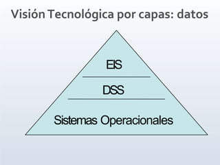 VisiónTecnológica por capas: datos
EIS
DSS
Sistemas Operacionales
 
