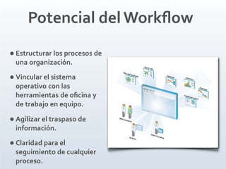 Potencial del Workﬂow
 Estructurar los procesos de
una organización.
 Vincular el sistema
operativo con las
herramientas de oﬁcina y
de trabajo en equipo.
 Agilizar el traspaso de
información.
 Claridad para el
seguimiento de cualquier
proceso.
 