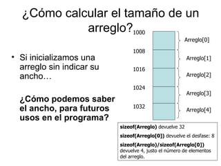 ¿Cómo calcular el tamaño de un
            arreglo?1000
                                                       Arreglo[0]

                                1008
• Si inicializamos una                                   Arreglo[1]
  arreglo sin indicar su        1016
  ancho…                                                 Arreglo[2]

                                1024
                                                         Arreglo[3]
  ¿Cómo podemos saber
  el ancho, para futuros        1032
                                                         Arreglo[4]
  usos en el programa?
                           sizeof(Arreglo) devuelve 32
                           sizeof(Arreglo[0]) devuelve el desfase: 8
                           sizeof(Arreglo)/sizeof(Arreglo[0])
                           devuelve 4, justo el número de elementos
                           del arreglo.
 
