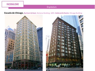 Arquitectura
Escuela de Chicago. Burham & Root. Reliance Building. 1895. Holbraid & Roche: Chicago Building
RACIONALISMO
 