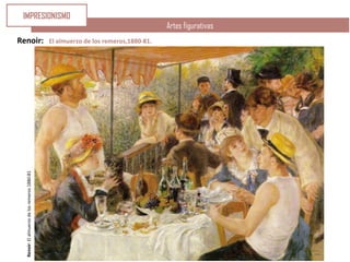 Renoir:Elalmuerzodelosremeros1880-81 Artes figurativas
Renoir: El almuerzo de los remeros,1880-81.
IMPRESIONISMO
 