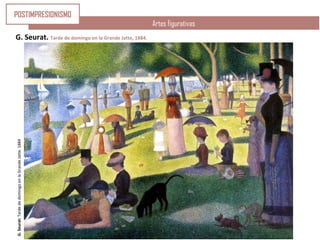 G.Seurat:TardededomingoenlaGrandeJatte.1884
Artes figurativas
G. Seurat. Tarde de domingo en la Grande Jatte, 1884.
POSTIMPRESIONISMO
 