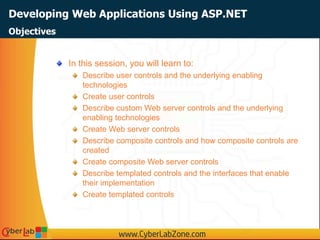 Developing Web Applications Using ASP.NET
In this session, you will learn to:
Describe user controls and the underlying enabling
technologies
Create user controls
Describe custom Web server controls and the underlying
enabling technologies
Create Web server controls
Describe composite controls and how composite controls are
created
Create composite Web server controls
Describe templated controls and the interfaces that enable
their implementation
Create templated controls
Objectives
 