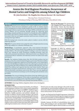 Assess the Oral Hygiene Practices, Occurrence of Dental Caries and ...