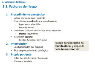 1. Procedimiento anestésico
• Altera homeostasis del paciente
• Procedimiento realizado por seres humanos
• Experiencia y habilidad
• Error de técnica
• Se utilizan fármacos anestésicos y no anestésicos
• Efectos secundarios
• Se utilizan aparatos
• Pueden funcionar bien o mal
2. Intervención
• Las habilidades del cirujano
• Tipo de procedimiento quirúrgico
3. Propio paciente
• Edad (Menor de 1 año y Ancianos)
• Patología asociada
Riesgo perioperatorio es
multifactorial y depende
de la interacción de:
3.1. Factores de riesgo
3. Valoración del Riesgo
 