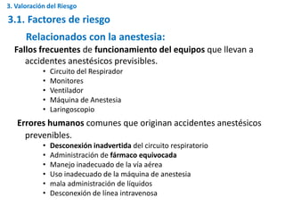 Relacionados con la anestesia:
Fallos frecuentes de funcionamiento del equipos que llevan a
accidentes anestésicos previsibles.
• Circuito del Respirador
• Monitores
• Ventilador
• Máquina de Anestesia
• Laringoscopio
Errores humanos comunes que originan accidentes anestésicos
prevenibles.
• Desconexión inadvertida del circuito respiratorio
• Administración de fármaco equivocada
• Manejo inadecuado de la vía aérea
• Uso inadecuado de la máquina de anestesia
• mala administración de líquidos
• Desconexión de línea intravenosa
3.1. Factores de riesgo
3. Valoración del Riesgo
 