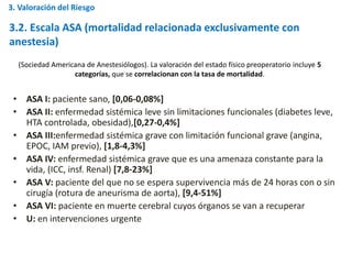 (Sociedad Americana de Anestesiólogos). La valoración del estado físico preoperatorio incluye 5
categorías, que se correlacionan con la tasa de mortalidad.
• ASA I: paciente sano, [0,06-0,08%]
• ASA II: enfermedad sistémica leve sin limitaciones funcionales (diabetes leve,
HTA controlada, obesidad),[0,27-0,4%]
• ASA III:enfermedad sistémica grave con limitación funcional grave (angina,
EPOC, IAM previo), [1,8-4,3%]
• ASA IV: enfermedad sistémica grave que es una amenaza constante para la
vida, (ICC, insf. Renal) [7,8-23%]
• ASA V: paciente del que no se espera supervivencia más de 24 horas con o sin
cirugía (rotura de aneurisma de aorta), [9,4-51%]
• ASA VI: paciente en muerte cerebral cuyos órganos se van a recuperar
• U: en intervenciones urgente
3.2. Escala ASA (mortalidad relacionada exclusivamente con
anestesia)
3. Valoración del Riesgo
 
