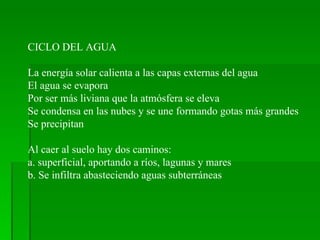 CICLO DEL AGUA La energía solar calienta a las capas externas del agua El agua se evapora Por ser más liviana que la atmósfera se eleva Se condensa en las nubes y se une formando gotas más grandes Se precipitan Al caer al suelo hay dos caminos: a. superficial, aportando a ríos, lagunas y mares b. Se infiltra abasteciendo aguas subterráneas 