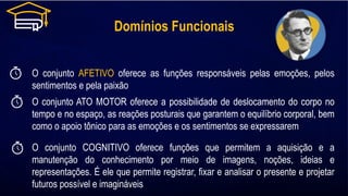 Domínios Funcionais
O conjunto AFETIVO oferece as funções responsáveis pelas emoções, pelos
sentimentos e pela paixão
O conjunto ATO MOTOR oferece a possibilidade de deslocamento do corpo no
tempo e no espaço, as reações posturais que garantem o equilíbrio corporal, bem
como o apoio tônico para as emoções e os sentimentos se expressarem
O conjunto COGNITIVO oferece funções que permitem a aquisição e a
manutenção do conhecimento por meio de imagens, noções, ideias e
representações. É ele que permite registrar, fixar e analisar o presente e projetar
futuros possível e imagináveis
 