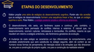 ETAPAS DO DESENVOLVIMENTO
Wallon propõe uma série de estágios do desenvolvimento cognitivo. Porém ele não acredita
que os estágios de desenvolvimento formem uma sequência linear e fixa, ou que um estágio
suprima o outro. Para Wallon, o estágio posterior amplia e reforma os anteriores.
O desenvolvimento não seria, um fenômeno suave e contínuo; pelo contrário, o
desenvolvimento seria permeado de conflitos internos e externos. É natural que, no
desenvolvimento, ocorram rupturas, retrocessos e reviravoltas. Os conflitos, mesmo os que
resultem em retorno a estágios anteriores, são fenômenos geradores de evolução.
A mudança de cada estágio se caracteriza um tipo diferenciado de comportamento, uma
atividade predominante que será substituída no estágio seguinte, além de conferir ao ser
humano novas formas de pensamento, de interação social e de emoções que irão direcionar-
se, ora para a construção do próprio sujeito, ora para a construção da realidade exterior
 