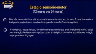 Estágio sensório-motor
(12 meses aos 24 meses)
Dos três meses de idade até aproximadamente o terceiro ano de vida. É uma fase onde a
inteligência predomina e o mundo externo prevalece nos fenômenos cognitivos
A inteligência, nesse período, é tradicionalmente particionada entre inteligência prática, obtida
pela interação de objetos com o próprio corpo, e inteligência discursiva, adquirida pela imitação
e apropriação da linguagem.
 