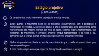 Estágio projetivo
(2 aos 3 anos)
Os pensamentos, muito comumente se projetam em atos motores.
A partir deste estágio a criança é capaz de dar significado ao símbolo e ao signo.
Surge quando o movimento deixa de se relacionar exclusivamente com a percepção e
manipulação de objetos. A expressão gestual e oral é caracterizada pelo pensamento como
representação das imagens mentais por meio de ações, cedendo lugar à representação, que
independe do movimento. A atividade projetiva produz representação e se opõe a ela,
permitindo que a criança avance em relação ao pensamento presente e imediato
Wallon dá grande importância ao simulacro e á imitação que considera imprescindíveis para
novas aprendizagens
 