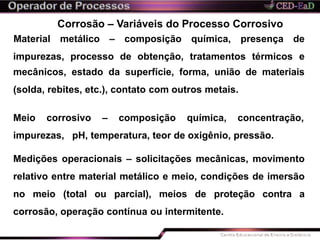 Corrosão – Variáveis do Processo Corrosivo
impurezas, processo de obtenção, tratamentos térmicos
Material metálico – composição química, presença de
e
mecânicos, estado da superfície, forma, união de materiais
(solda, rebites, etc.), contato com outros metais.
Meio corrosivo – composição química, concentração,
impurezas, pH, temperatura, teor de oxigênio, pressão.
Medições operacionais – solicitações mecânicas, movimento
relativo entre material metálico e meio, condições de imersão
no meio (total ou parcial), meios de proteção contra a
corrosão, operação contínua ou intermitente.
 