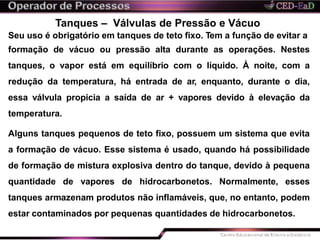 Tanques – Válvulas de Pressão e Vácuo
Seu uso é obrigatório em tanques de teto fixo. Tem a função de evitar a
formação de vácuo ou pressão alta durante as operações. Nestes
tanques, o vapor está em equilíbrio com o líquido. À noite, com a
redução da temperatura, há entrada de ar, enquanto, durante o dia,
essa válvula propicia a saída de ar + vapores devido à elevação da
temperatura.
Alguns tanques pequenos de teto fixo, possuem um sistema que evita
a formação de vácuo. Esse sistema é usado, quando há possibilidade
de formação de mistura explosiva dentro do tanque, devido à pequena
quantidade de vapores de hidrocarbonetos. Normalmente, esses
tanques armazenam produtos não inflamáveis, que, no entanto, podem
estar contaminados por pequenas quantidades de hidrocarbonetos.
 