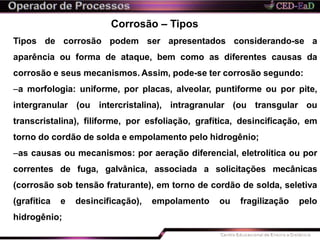 Corrosão – Tipos
Tipos de corrosão podem ser apresentados considerando-se a
aparência ou forma de ataque, bem como as diferentes causas da
corrosão e seus mecanismos. Assim, pode-se ter corrosão segundo:
–a morfologia: uniforme, por placas, alveolar, puntiforme ou por pite,
intergranular (ou intercristalina), intragranular (ou transgular ou
transcristalina), filiforme, por esfoliação, grafítica, desincificação, em
torno do cordão de solda e empolamento pelo hidrogênio;
–as causas ou mecanismos: por aeração diferencial, eletrolítica ou por
correntes de fuga, galvânica, associada a solicitações mecânicas
(corrosão sob tensão fraturante), em torno de cordão de solda, seletiva
(grafítica e desincificação), empolamento ou fragilização pelo
hidrogênio;
 